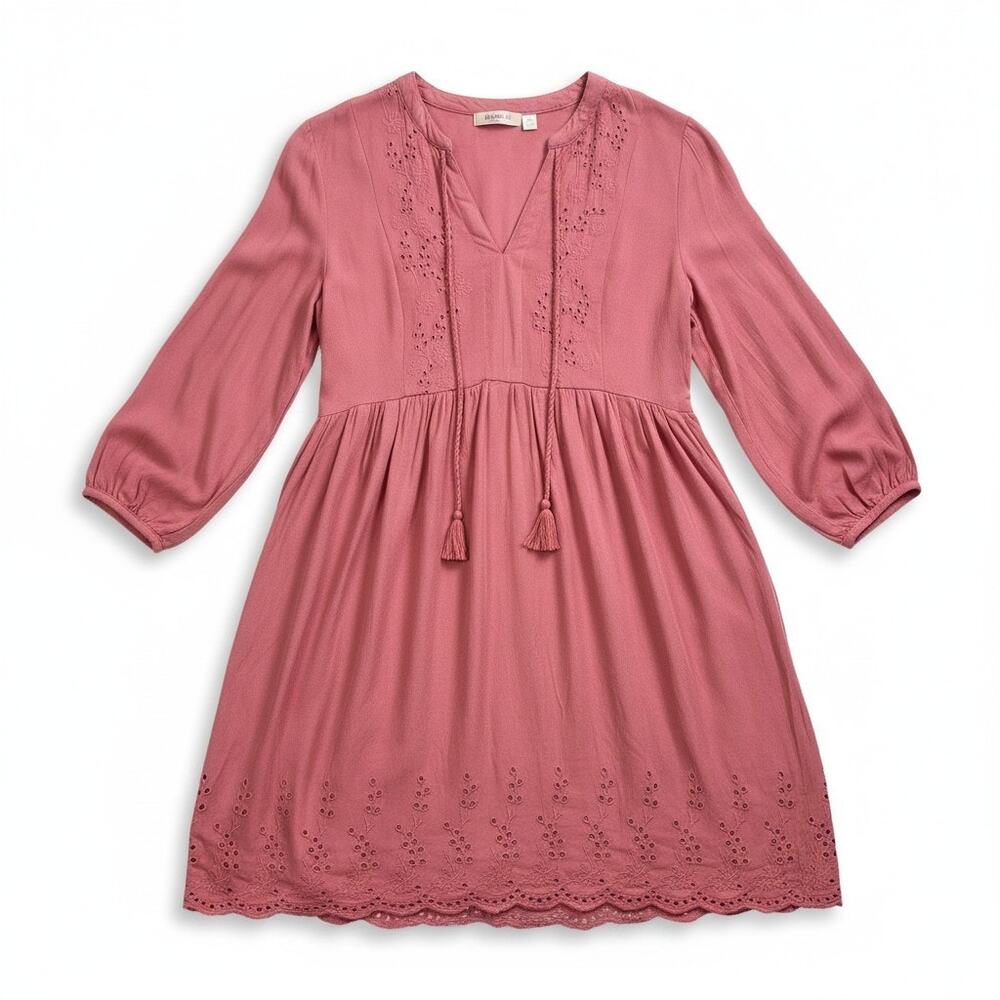 Alya Womens Long Sleeve Eyelet Tassel Mini Dress Pink M Cottage Coquette Coastal